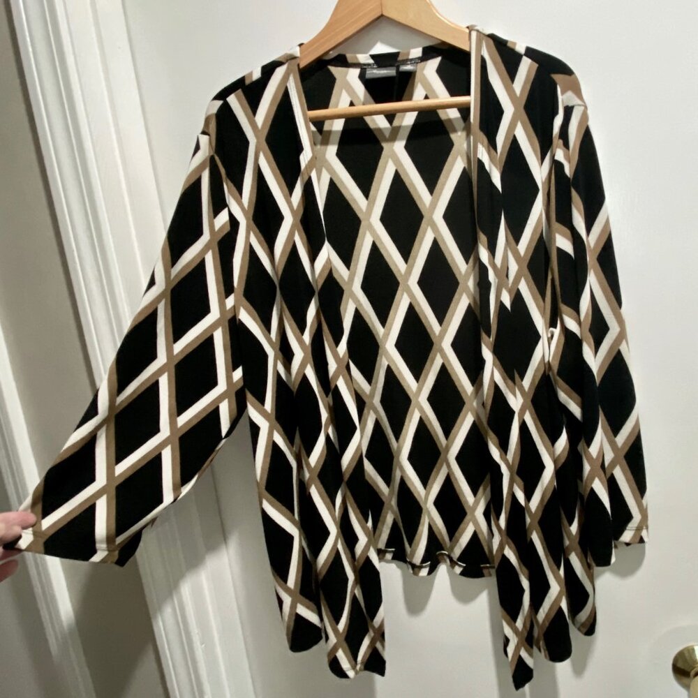 Chico's Slinky Geometrical Office Architectural Lagenlook Boho Open Fr. Cardigan